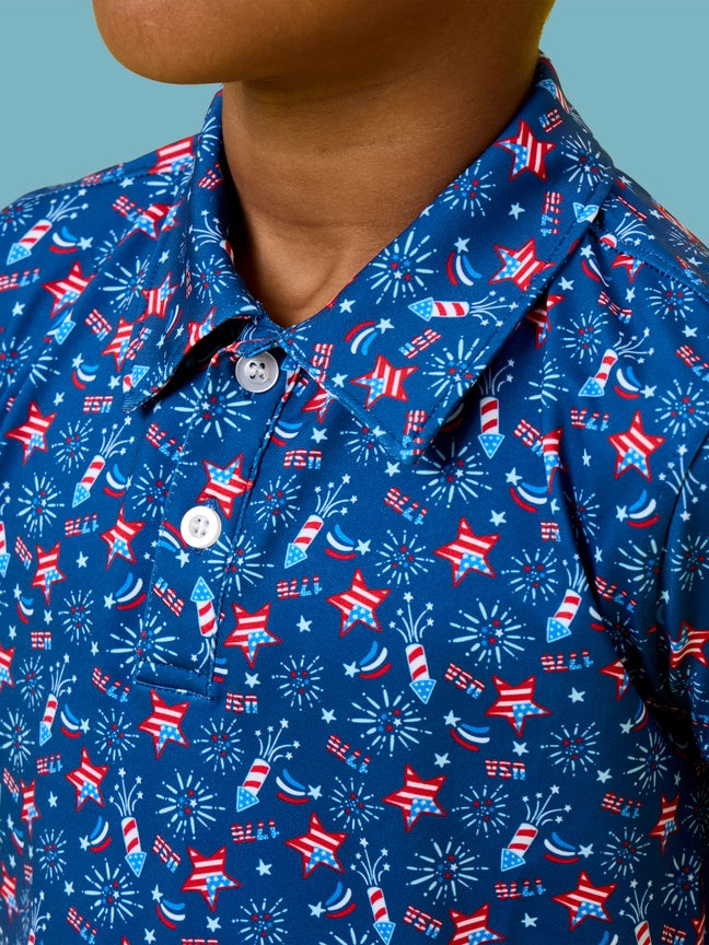 Boys Red White & Boom Fireworks Knit Short Sleeve Performance Polo