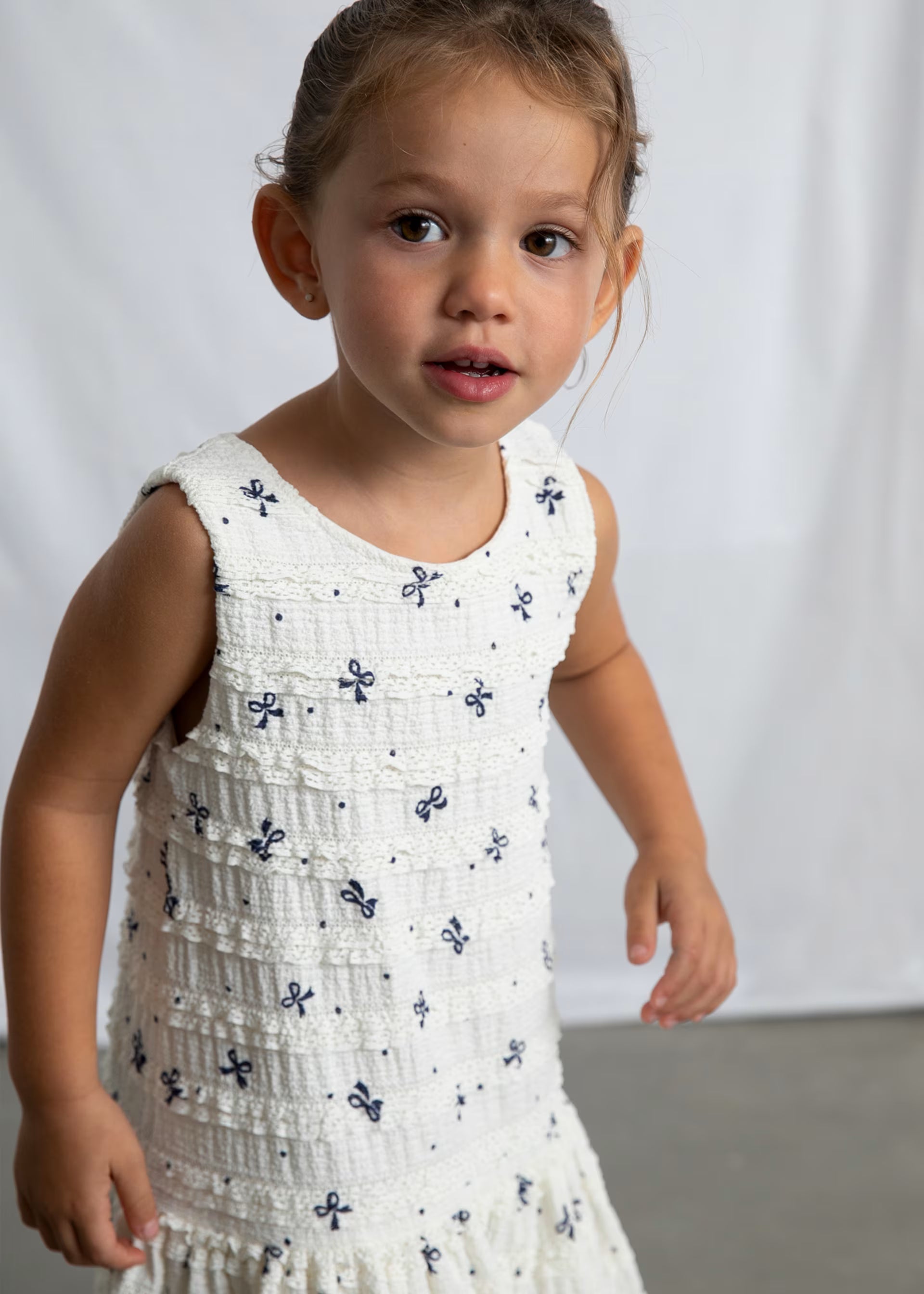 Ivory Textured Dress w Navy Bows