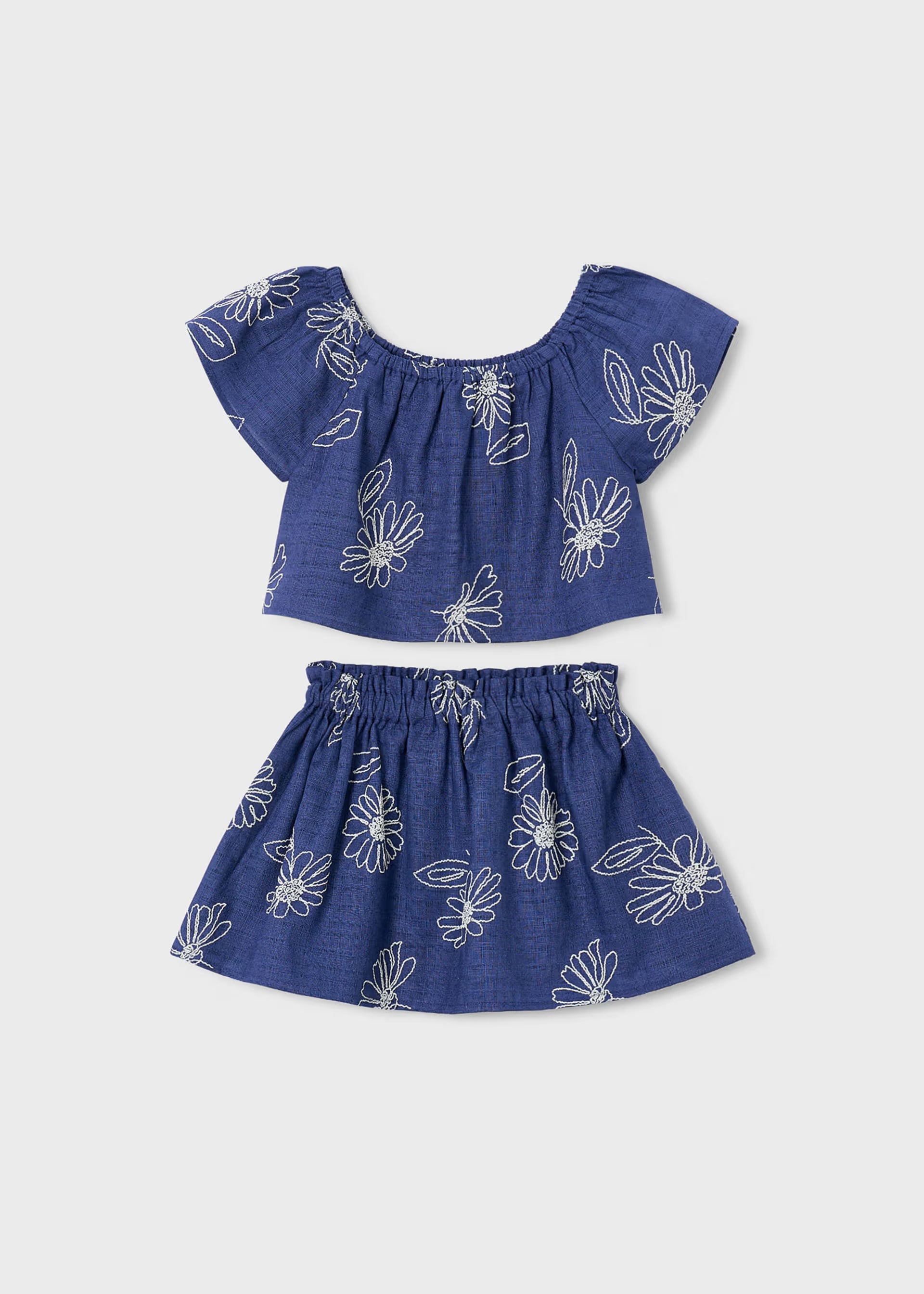 Navy Elastic Short Set w White Emb Flowers