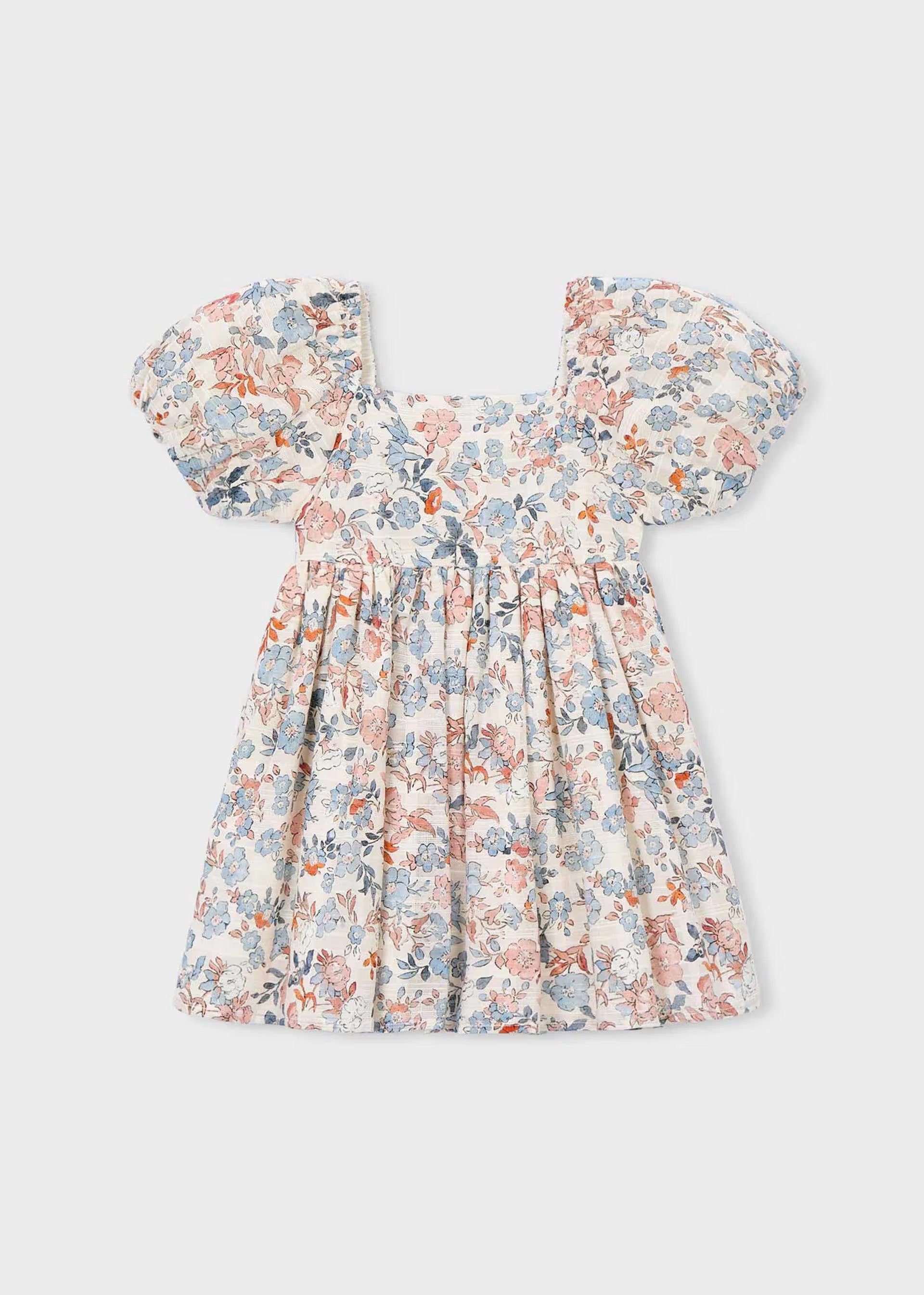 Blue Pink Floral Puff Sleeve Square Neck Dress