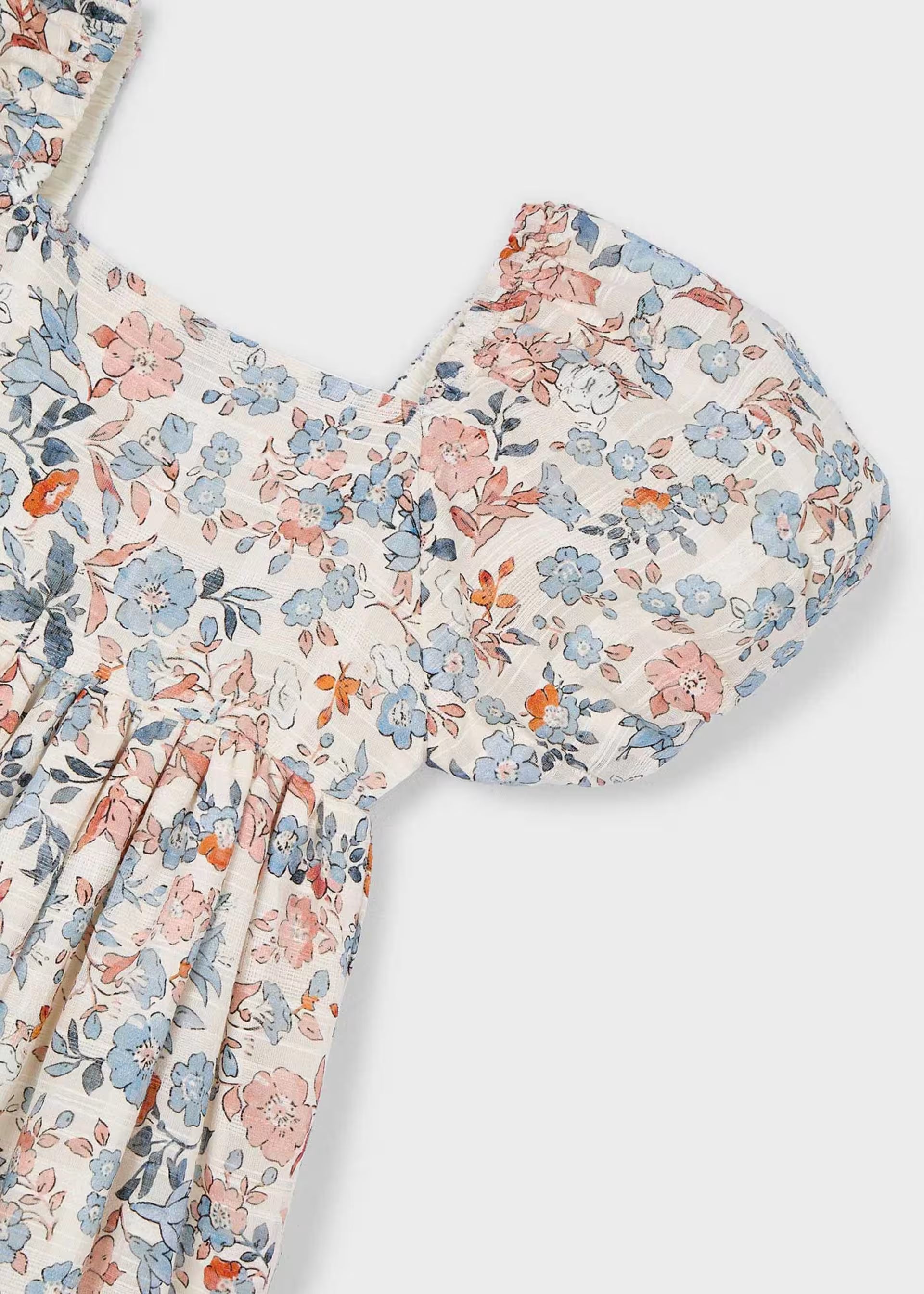 Blue Pink Floral Puff Sleeve Square Neck Dress