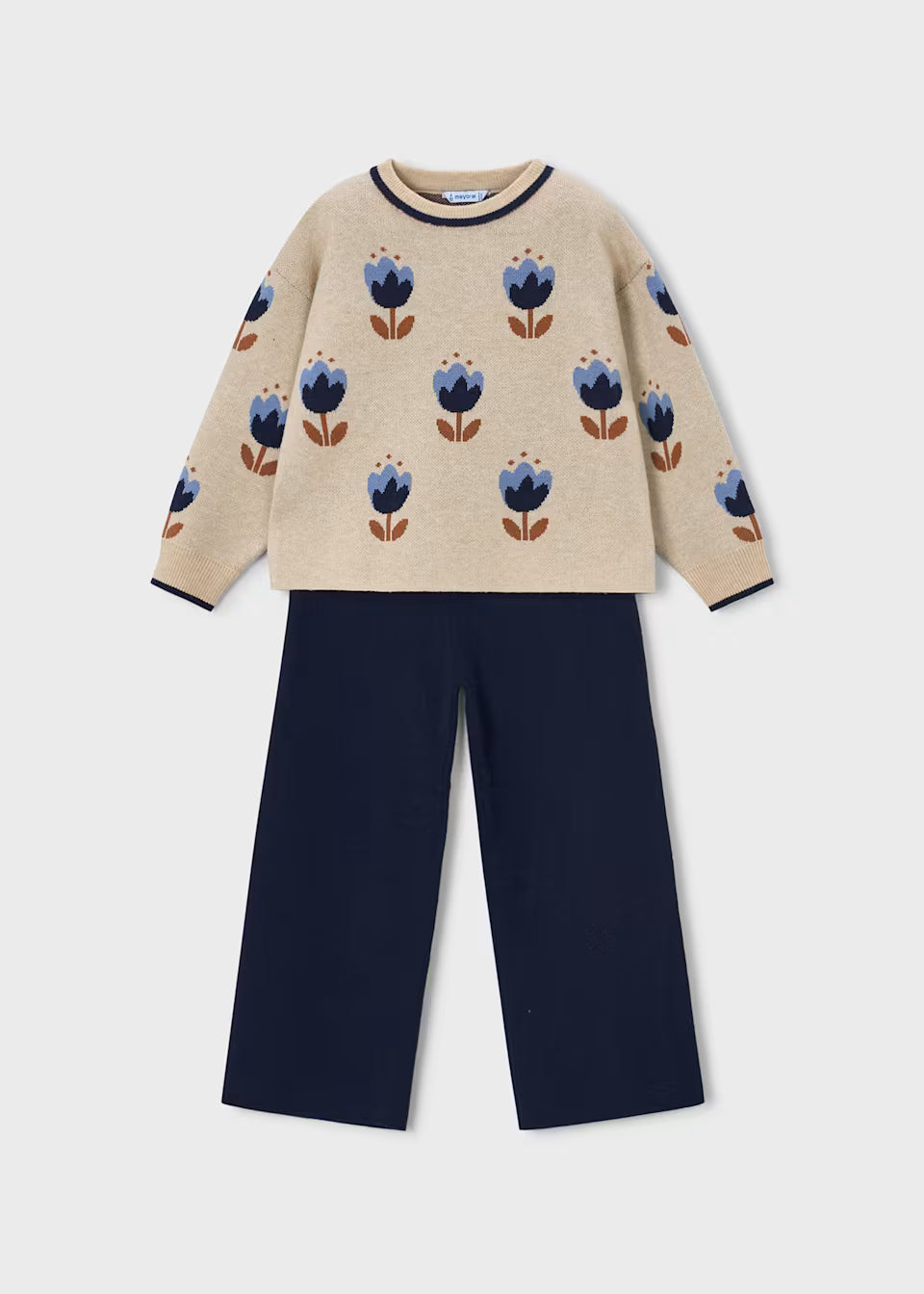 Cream and Navy Floral Trouser Set
