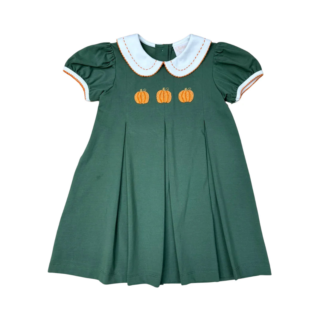 Green Crochet Pumpkin Pleats Collared Dress