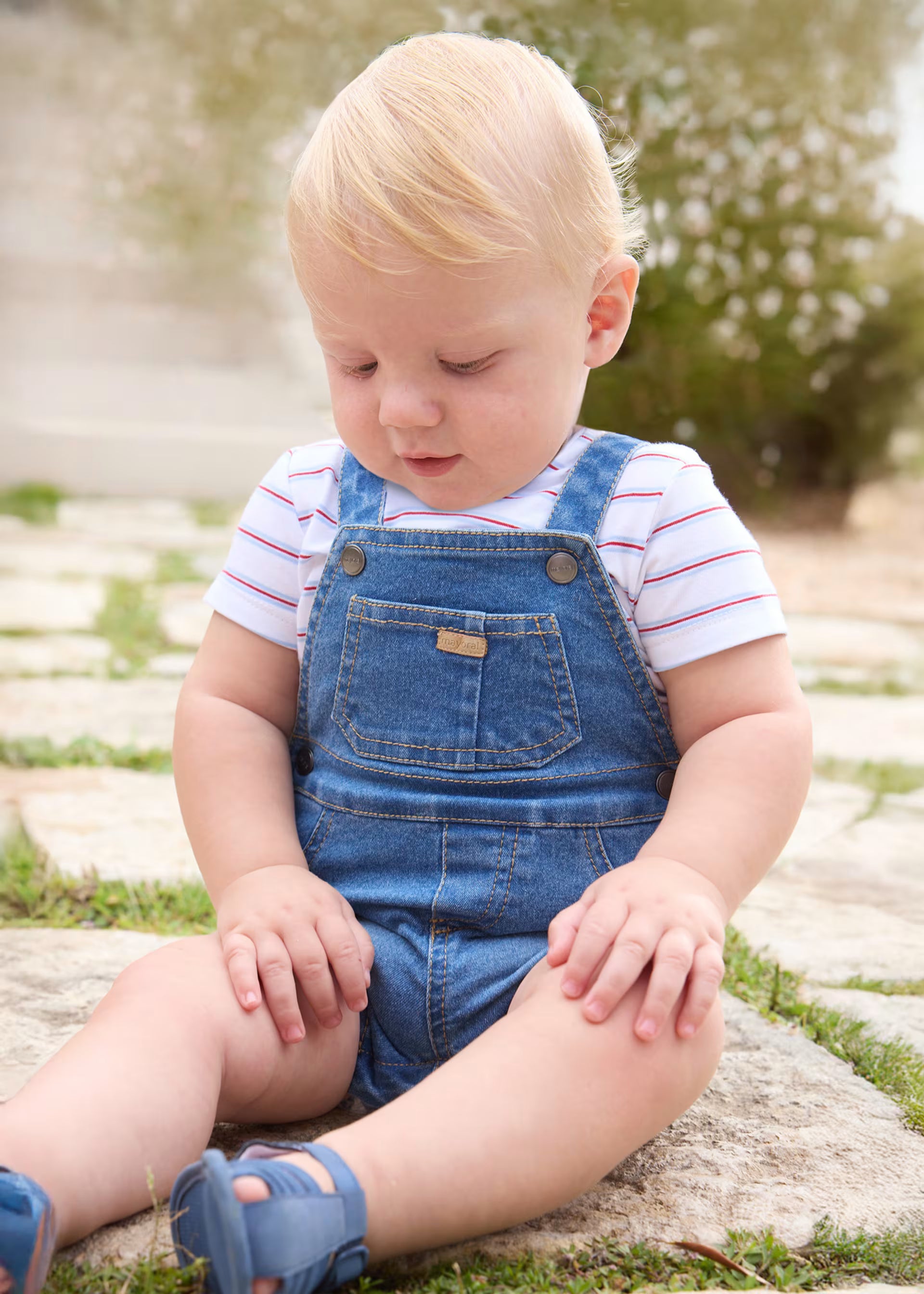 Short Denim Overalls & Red Blue Striped Tee