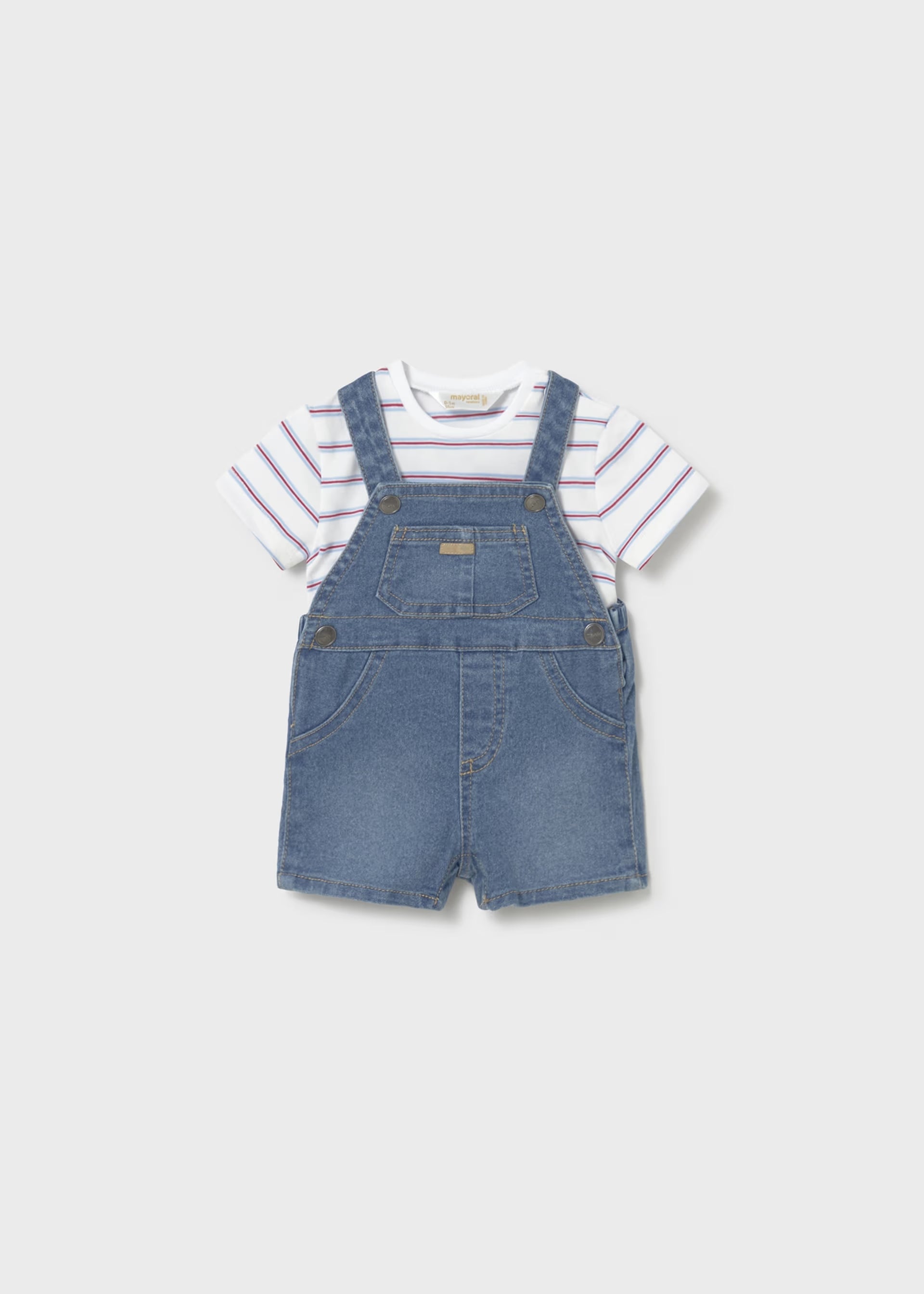 Short Denim Overalls & Red Blue Striped Tee