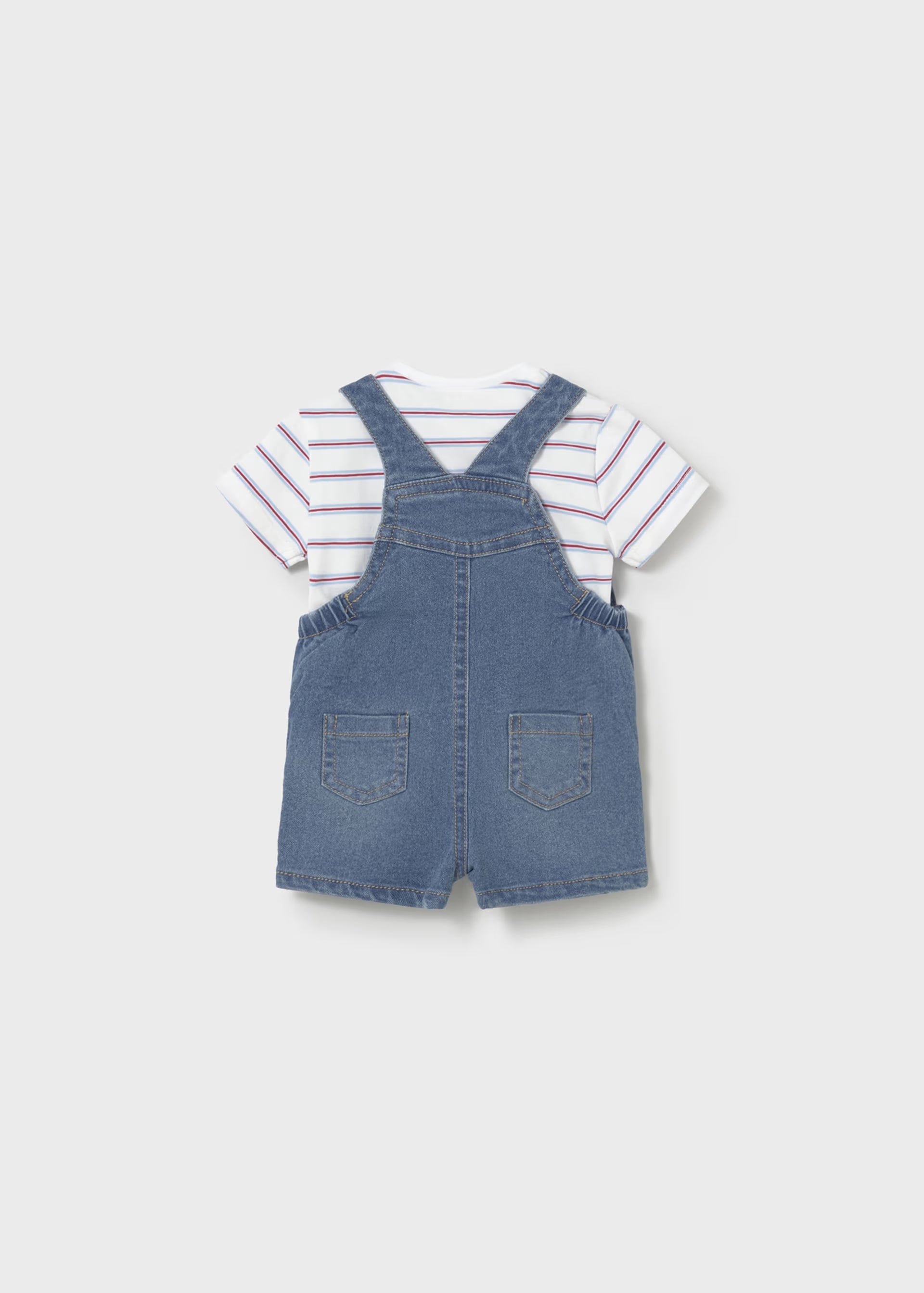 Short Denim Overalls & Red Blue Striped Tee