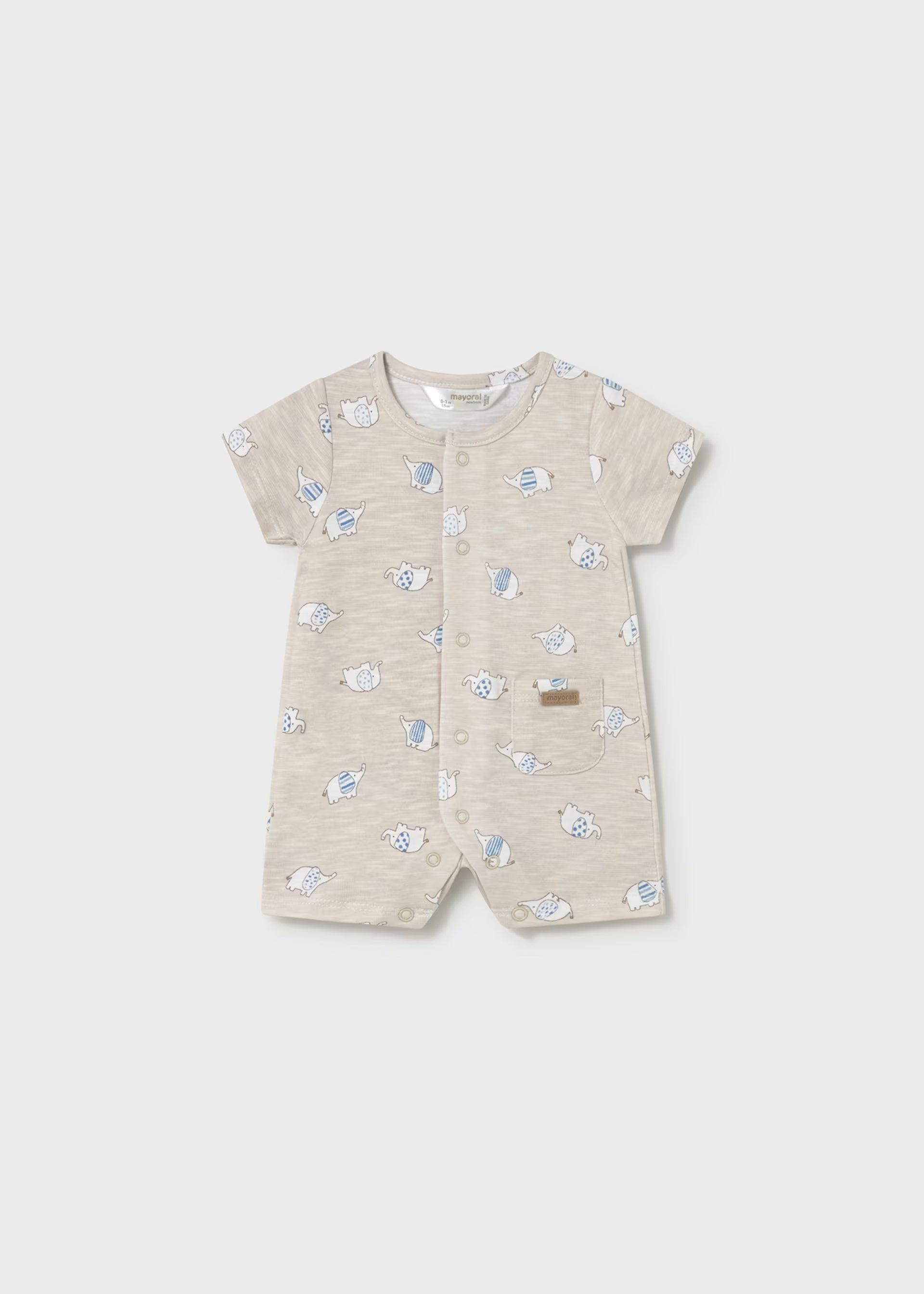 Heathered Oatmeal Elephant Print Snap Romper