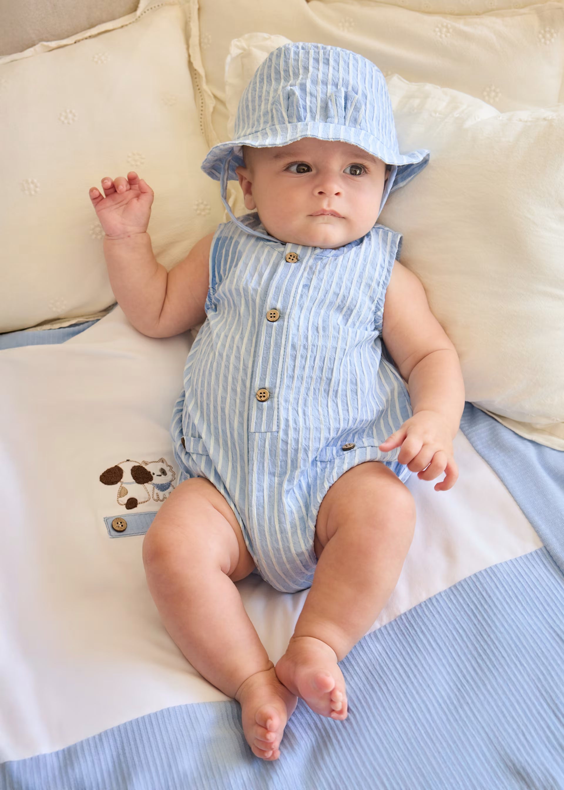 Sleeveless Blue Striped Romper & Bucket Hat