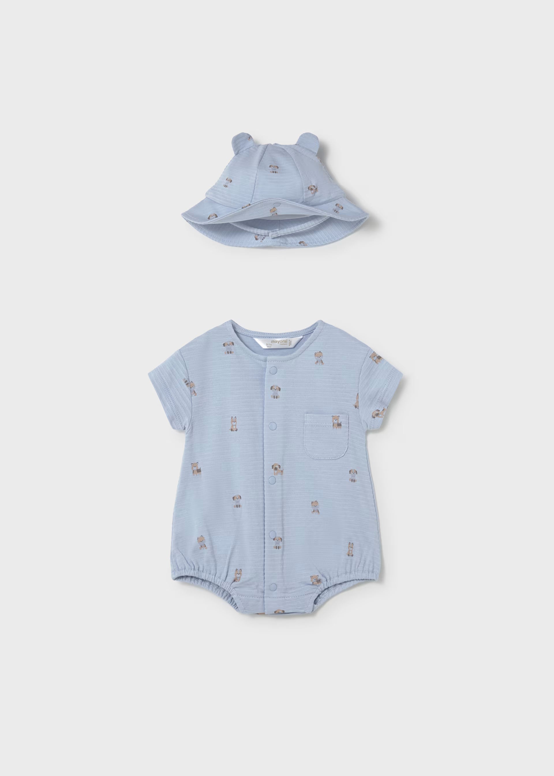 Blue Dog Print Snap Romper & Ears Bucket Hat