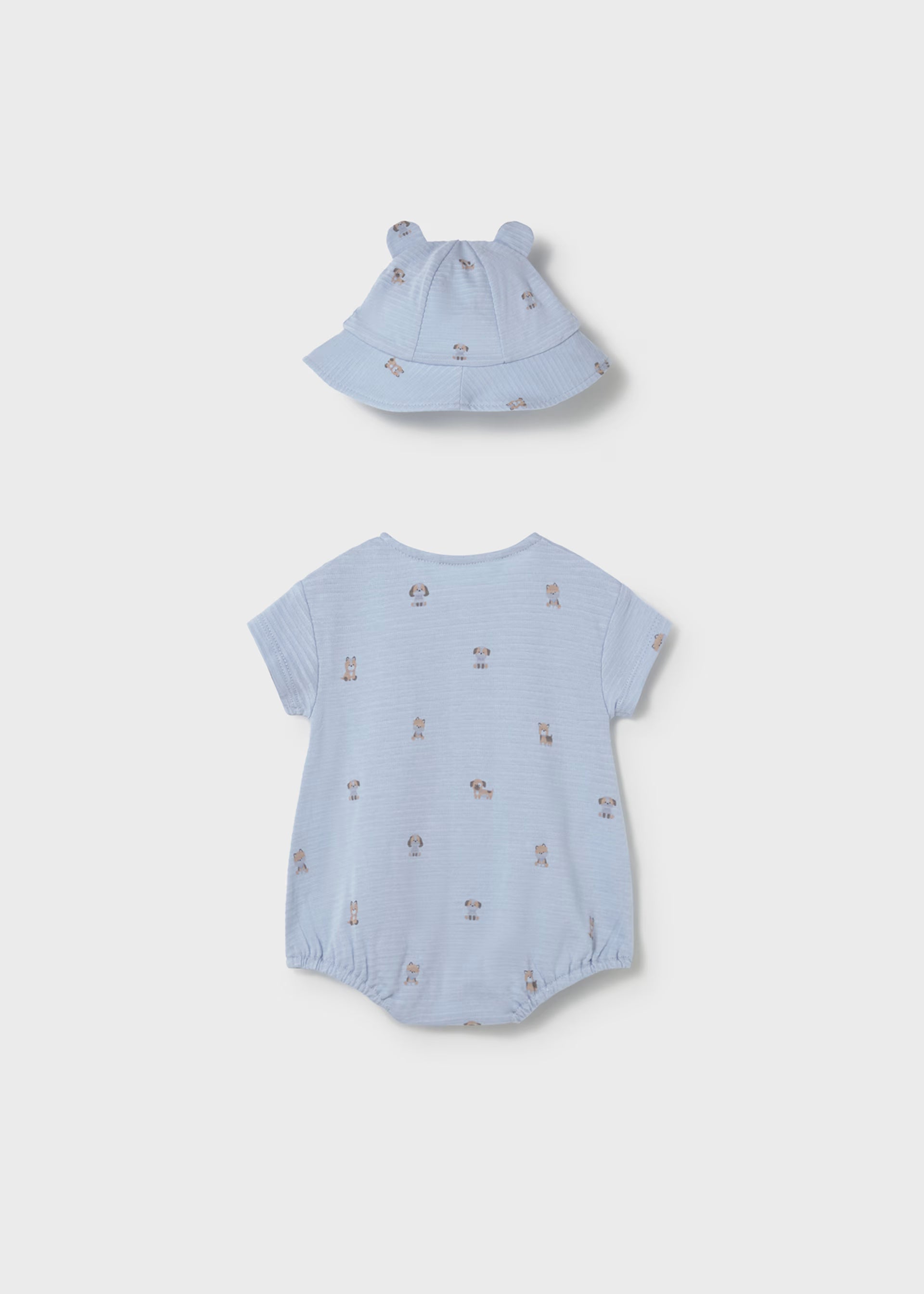 Blue Dog Print Snap Romper & Ears Bucket Hat