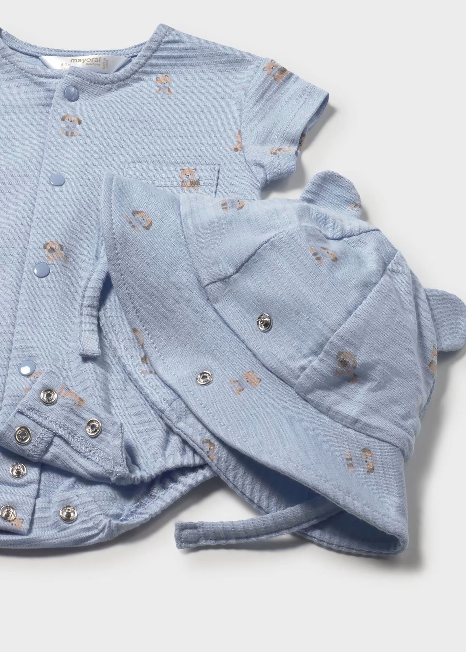 Blue Dog Print Snap Romper & Ears Bucket Hat