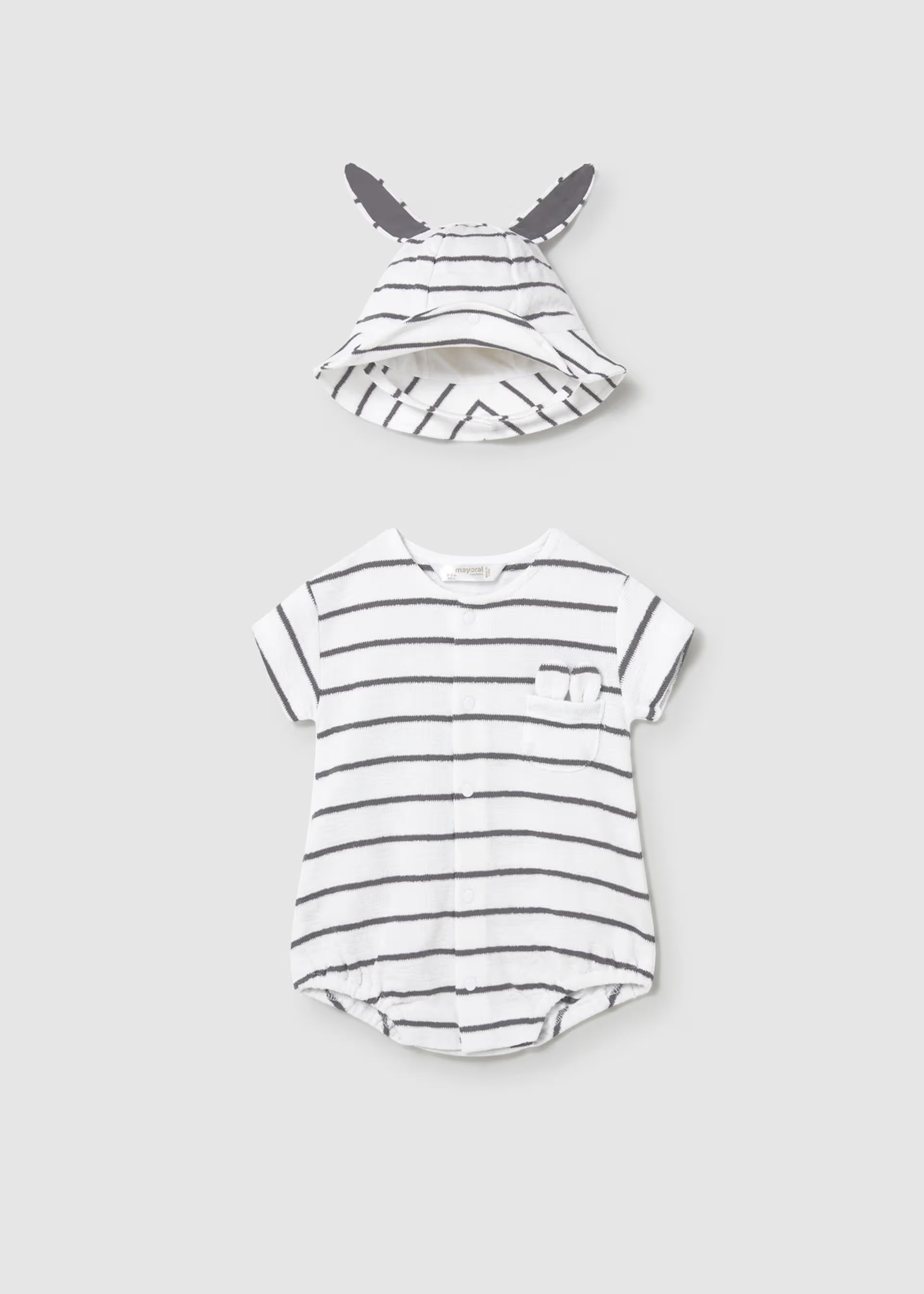 White Striped Snap Romper & Ears Bucket Hat