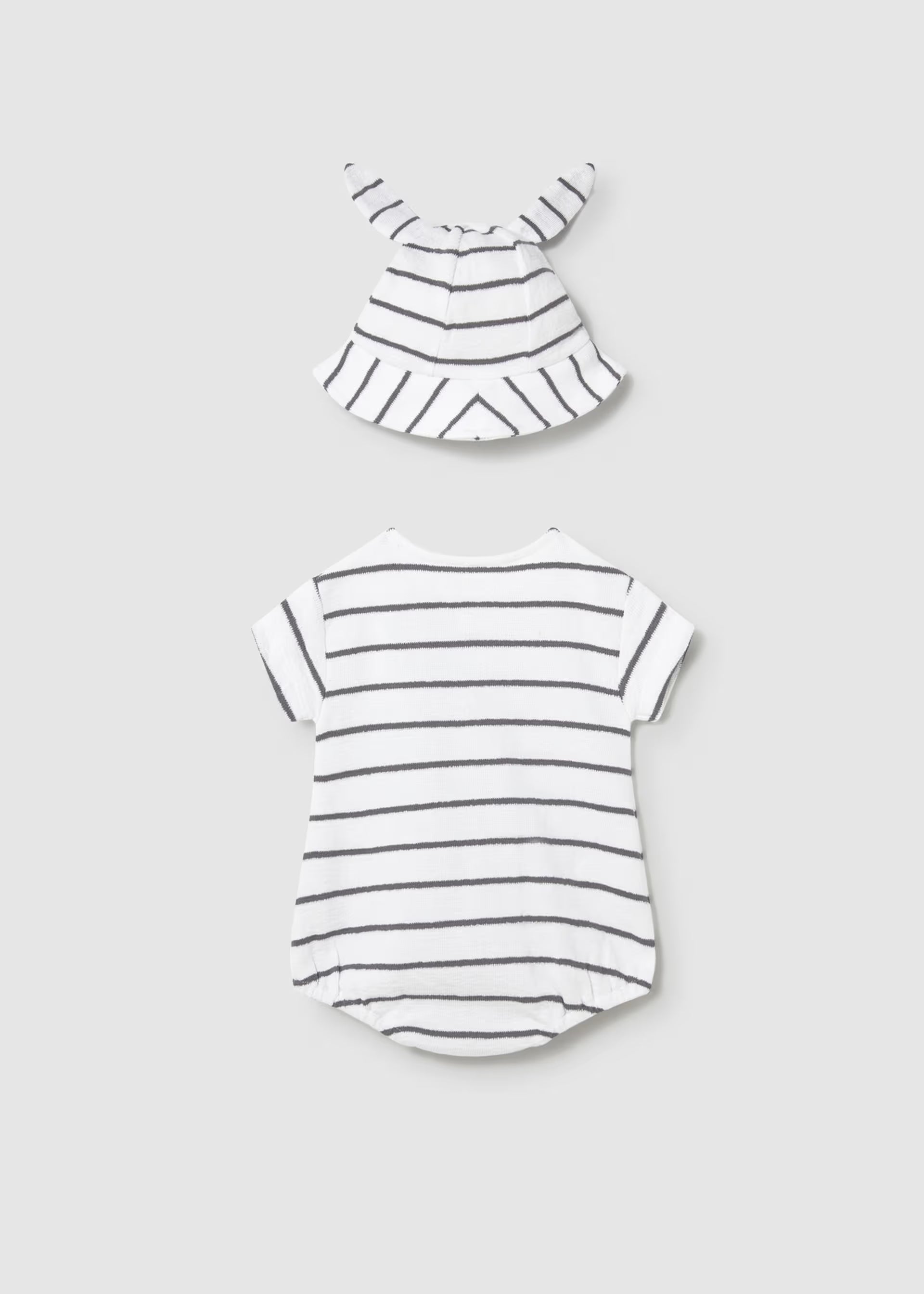 White Striped Snap Romper & Ears Bucket Hat
