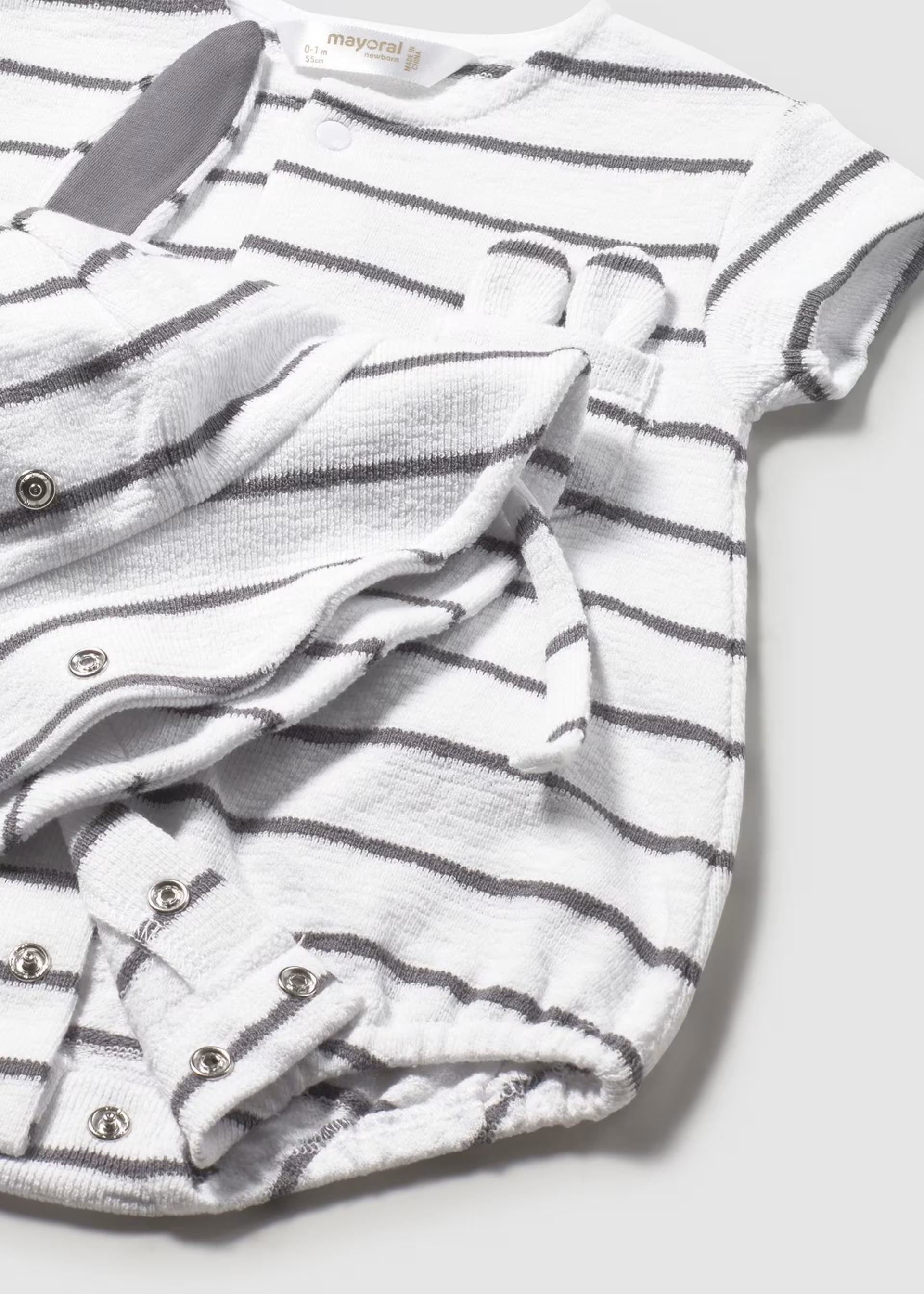 White Striped Snap Romper & Ears Bucket Hat