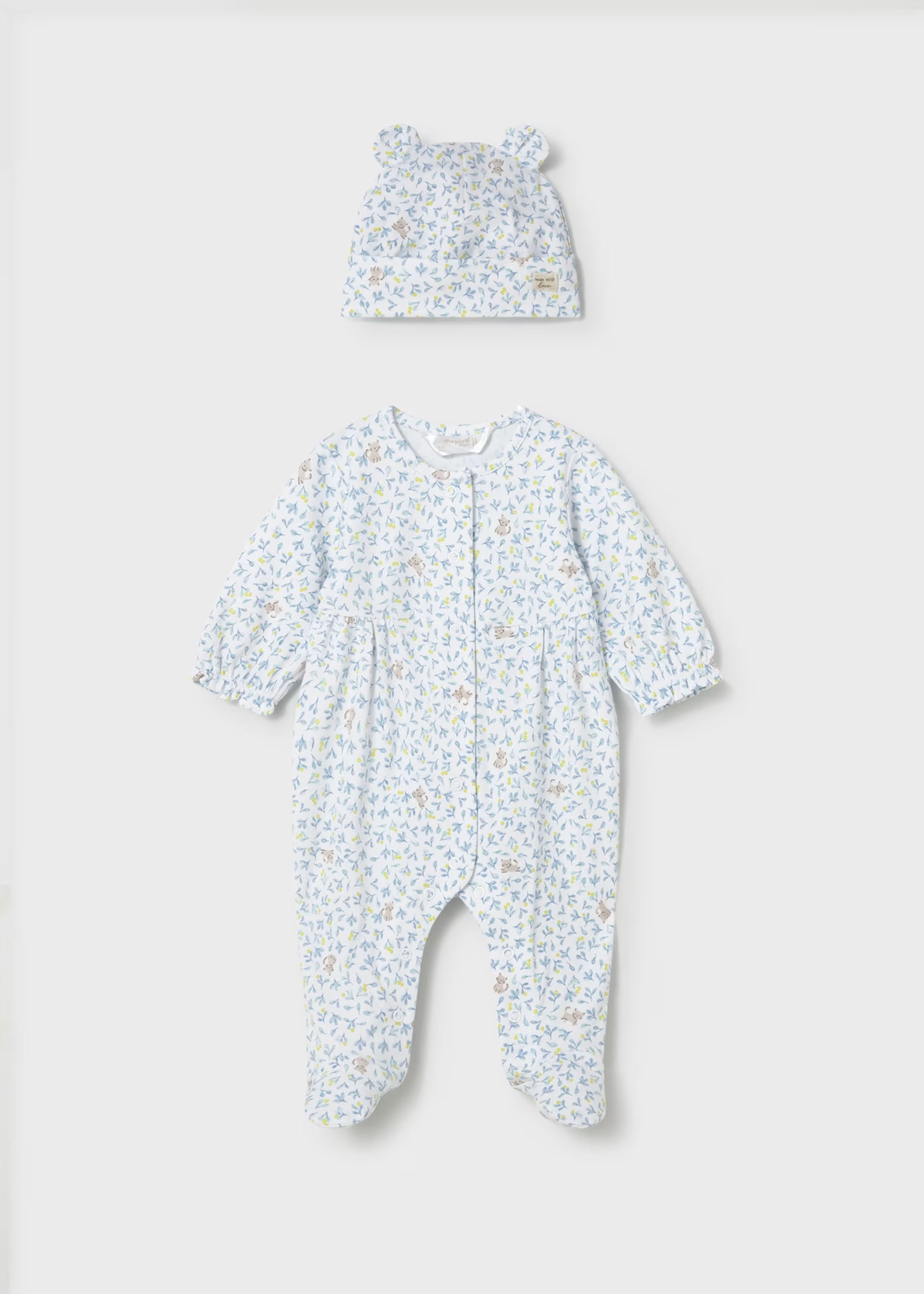 Blue Floral Cat Print Footie & Hat