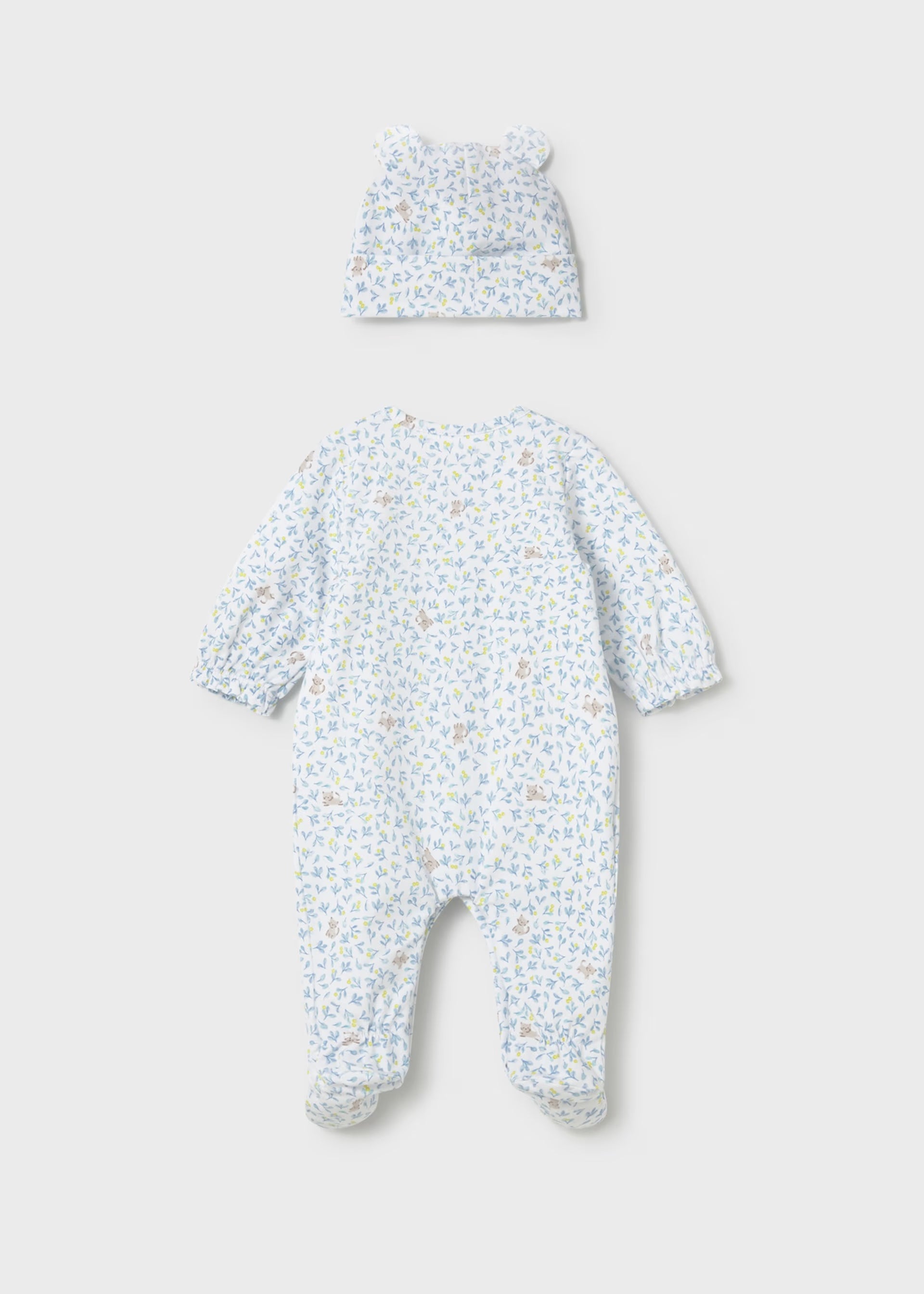Blue Floral Cat Print Footie & Hat
