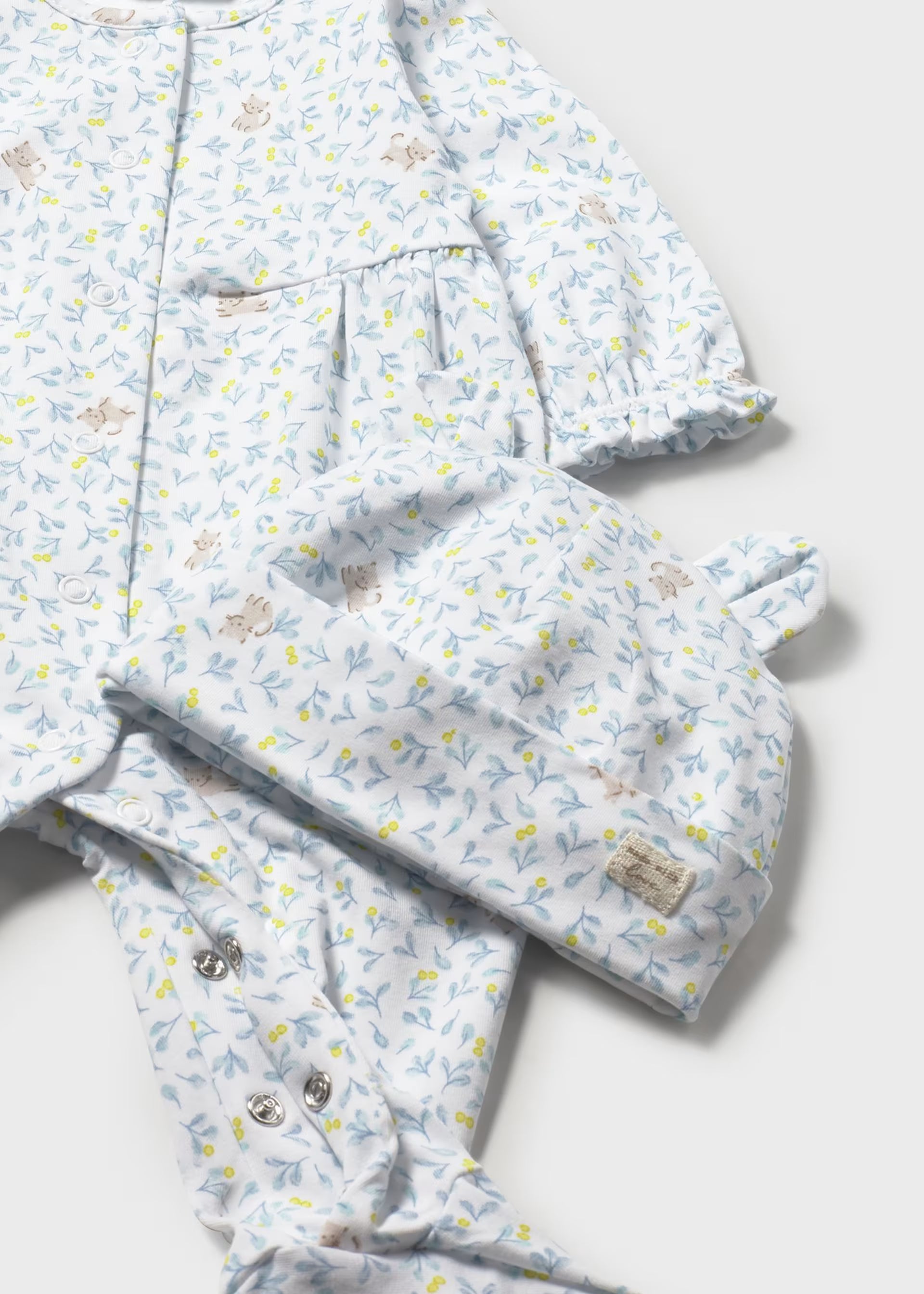 Blue Floral Cat Print Footie & Hat