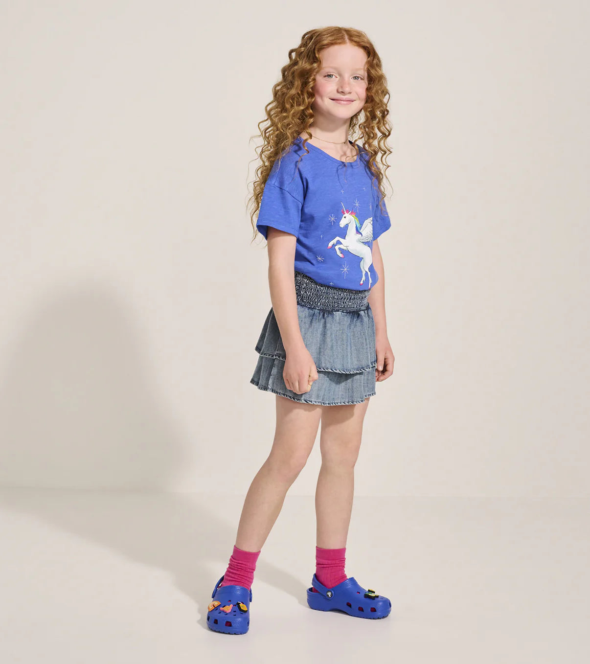 Blue Tencel Smocked Waist Tiered Skirt