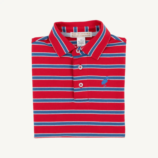 TBBC Prim and Proper Polo Red Boat Blue Stripe