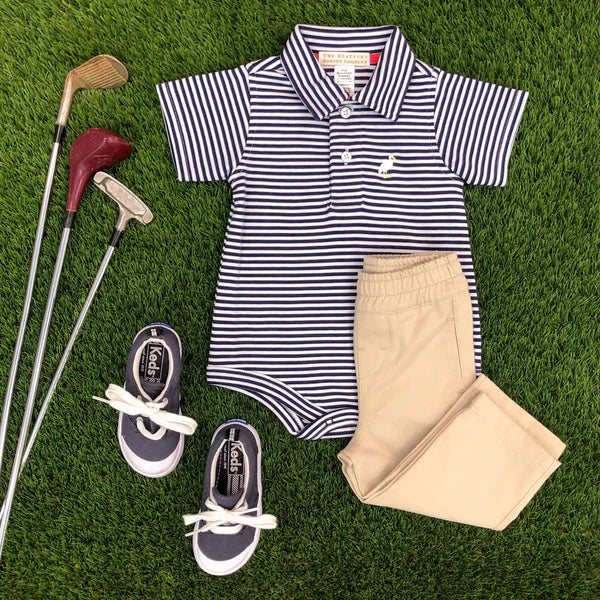 TBBC Prim & Proper Polo Onesie Nantucket Navy Stripe