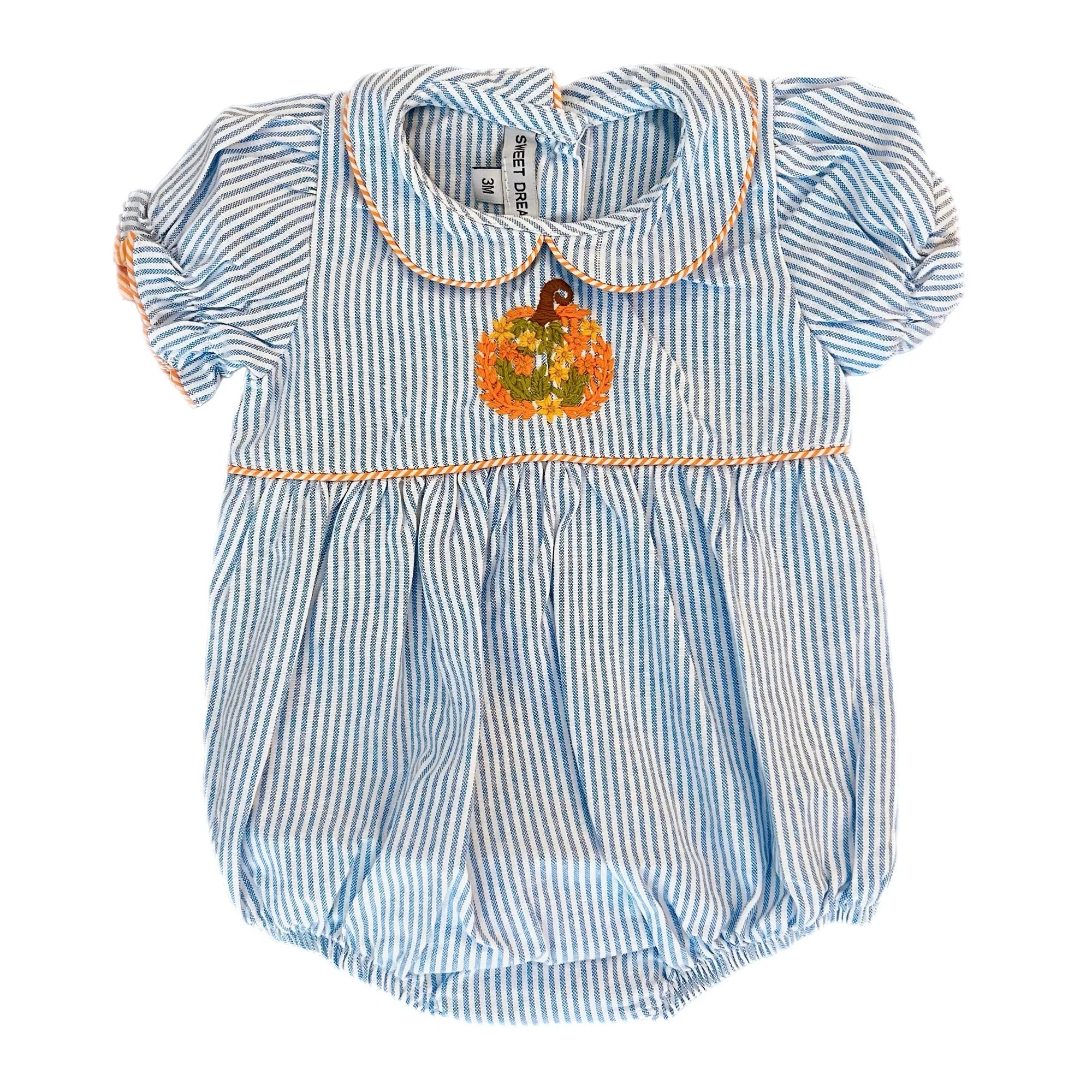 Pumpkin Embroidered Blue Stripe Bubble