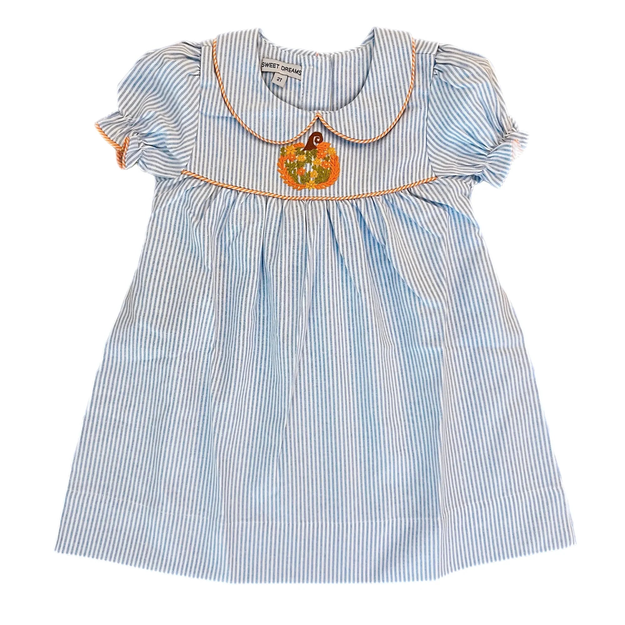 Pumpkin Embroidered Blue Stripe Dress