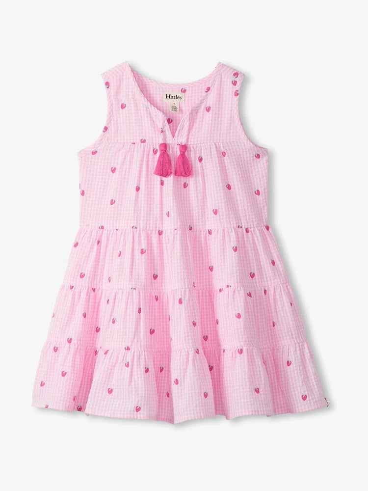 Pink Gingham Berries Tiered Tassle Dress