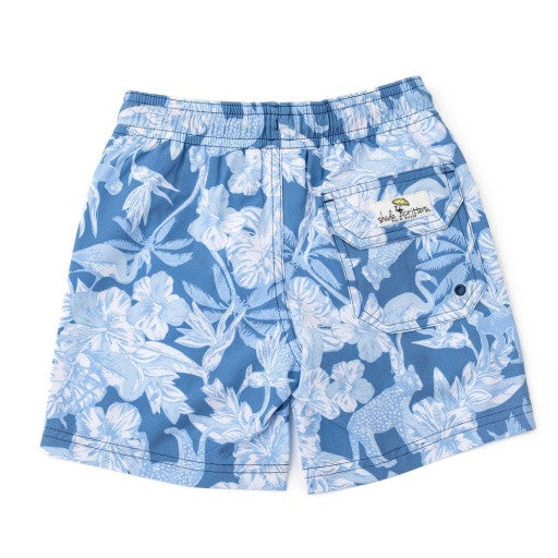 Blue Tropical Denim Paradise Swim Trunks