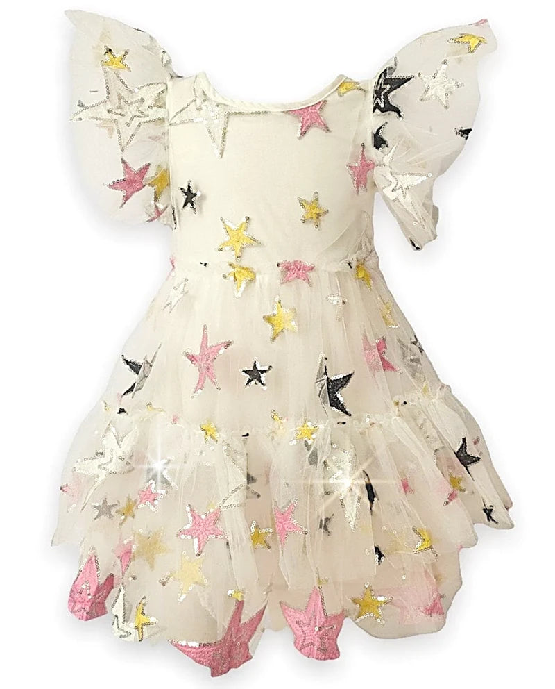 Cream Super Star Flutter Sleeve Party Dress