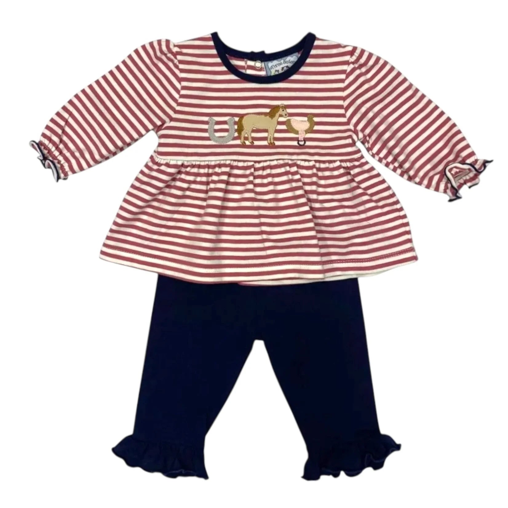Pink Stripe Horse Applique Ruffle Top & Navy Leggings