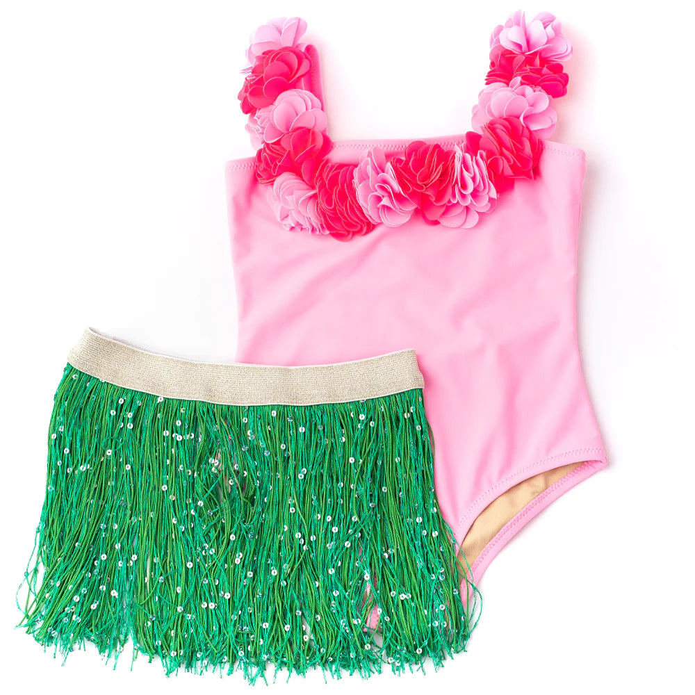 Light Pink Lei Swimsuit & Hula Skirt