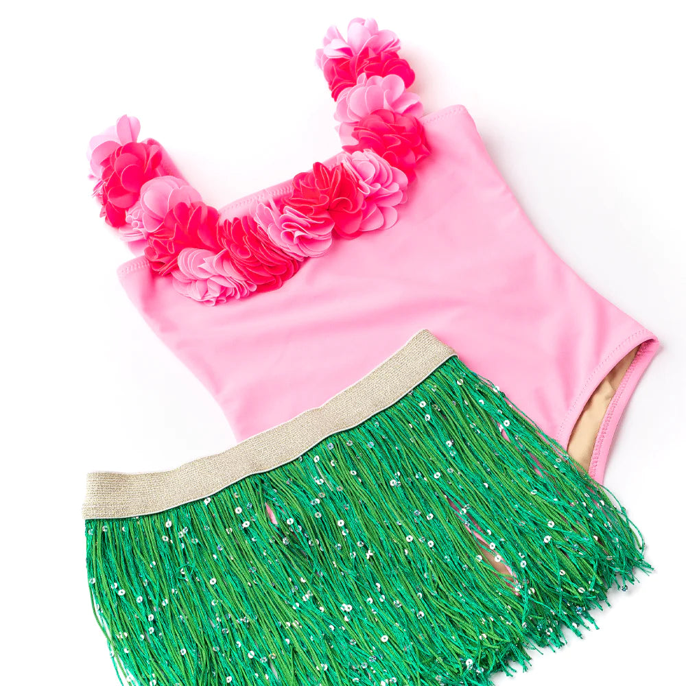 Light Pink Lei Swimsuit & Hula Skirt