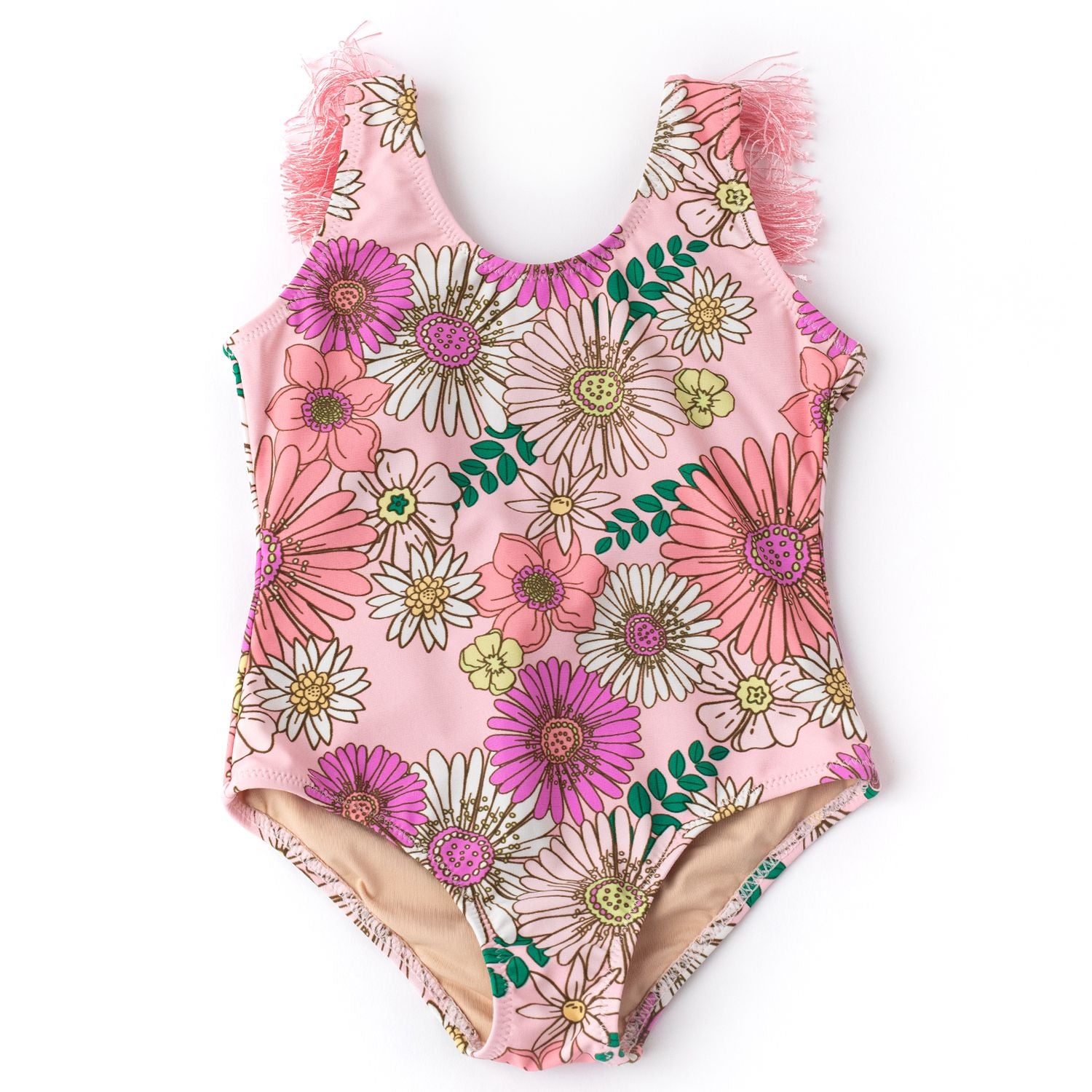 Pink Retro Blossom Fringe Back Swimsuit