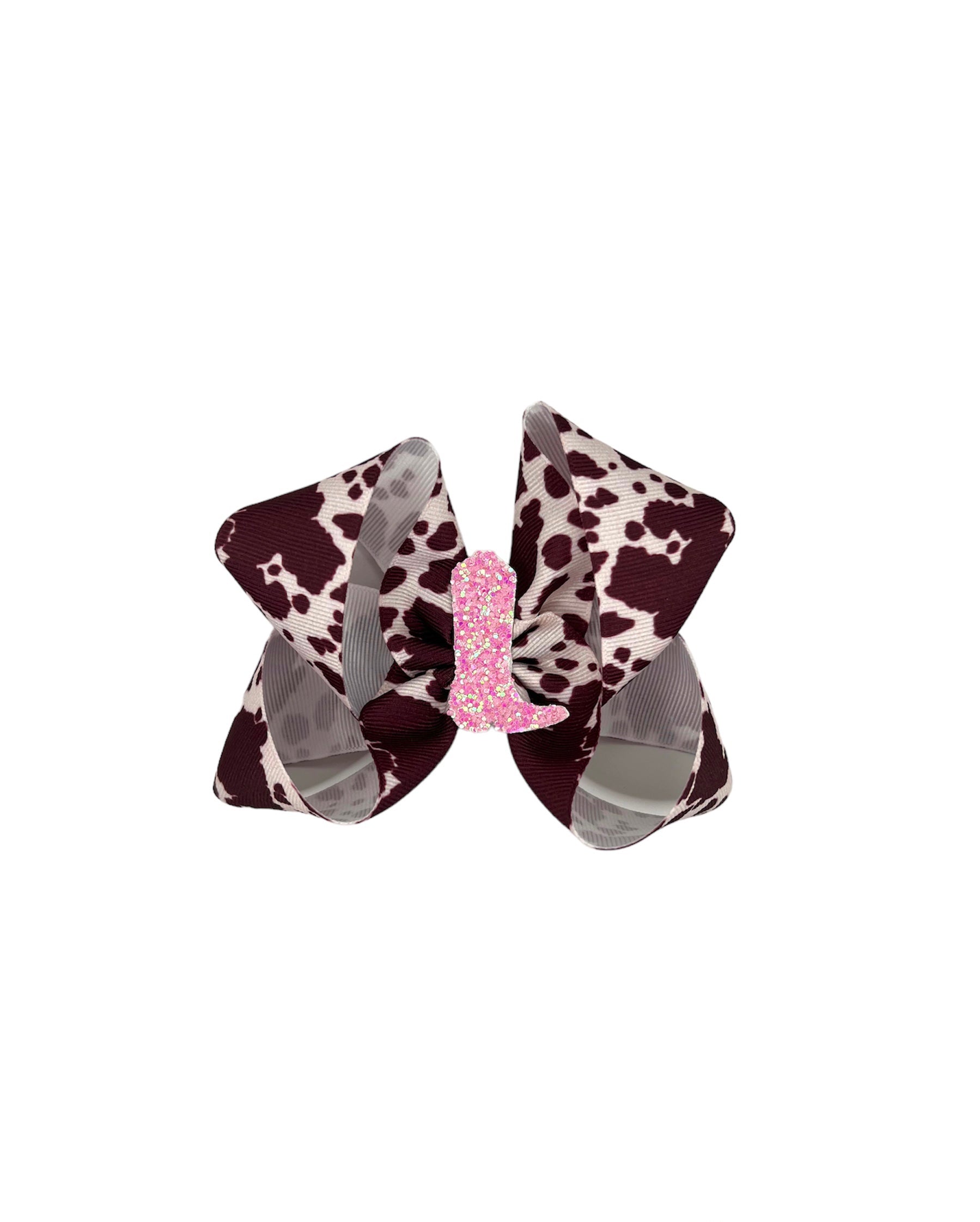 Brown Cow Print Bow w/ Pink Sparkle Boot