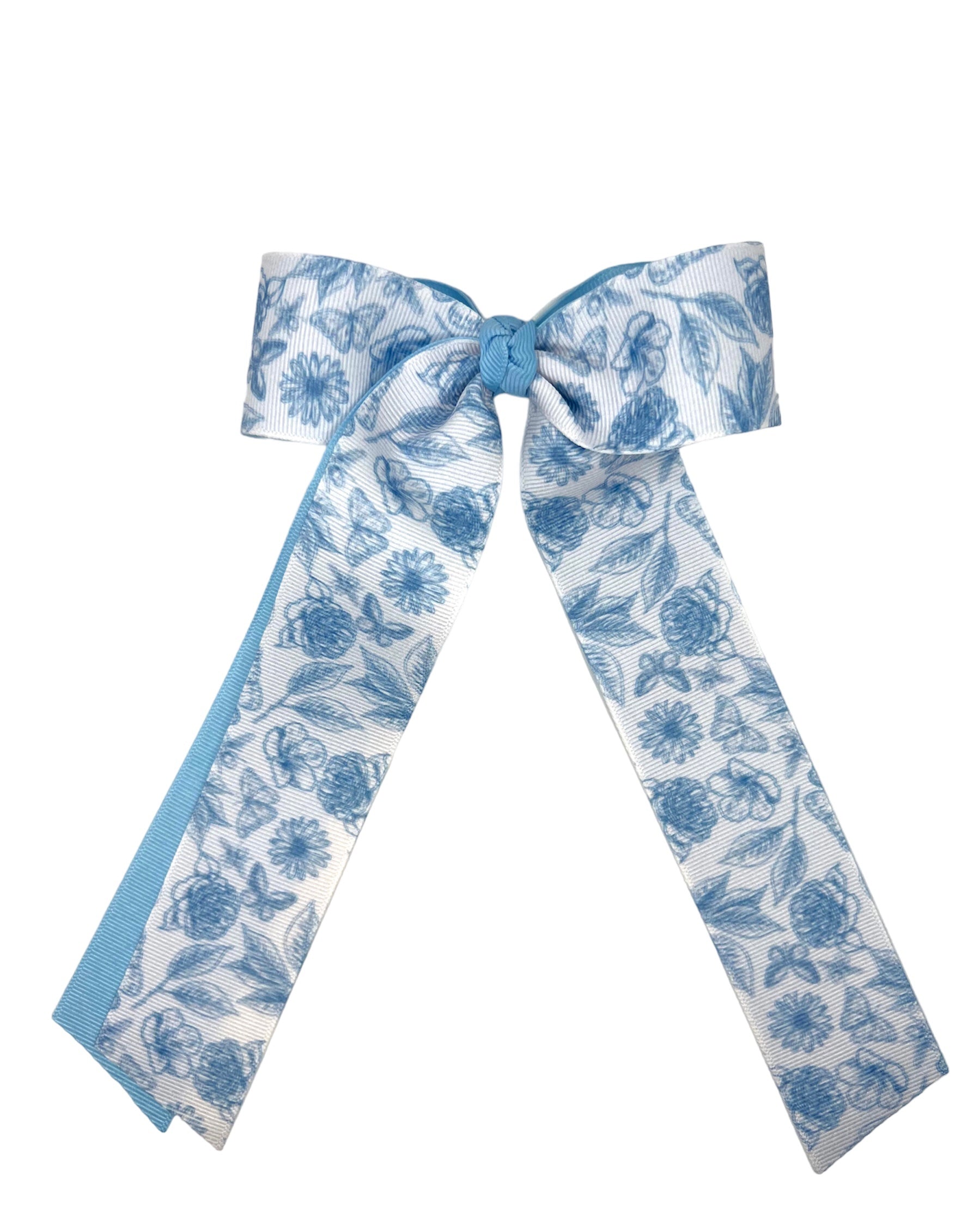 Vintage Blue Floral Double Long Tail Bow