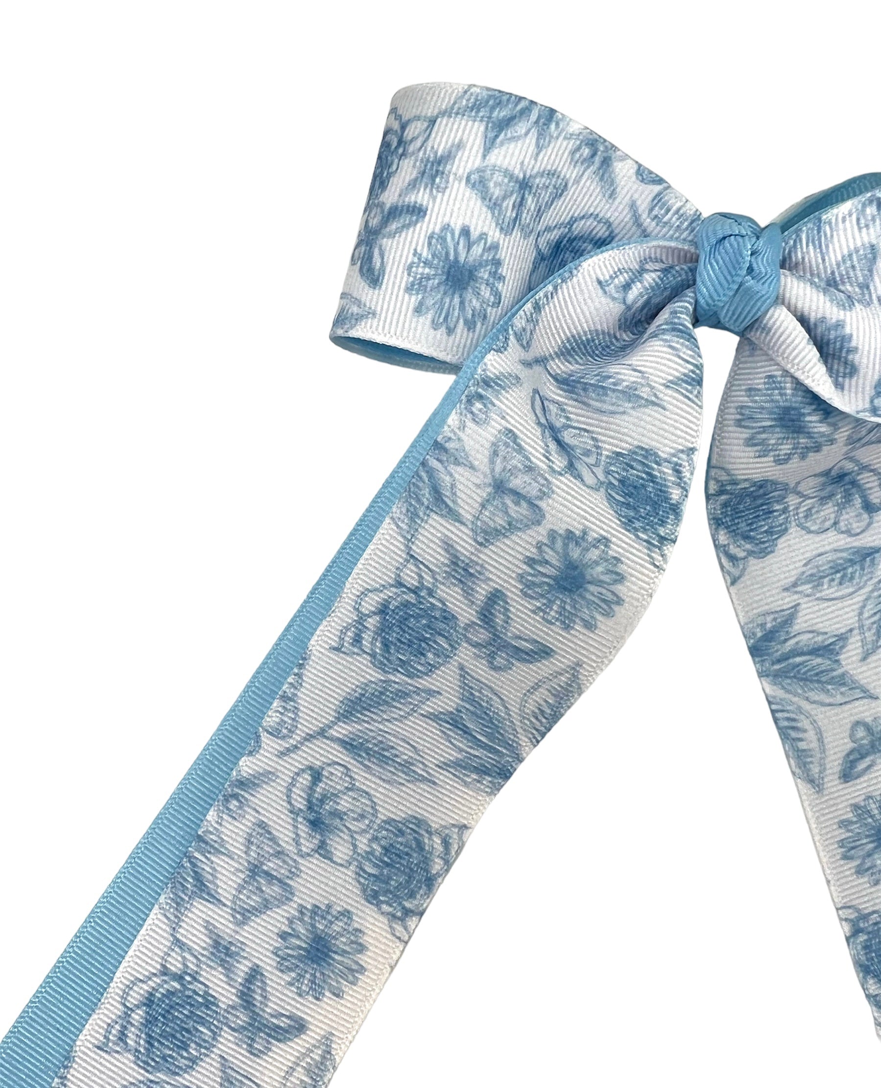 Vintage Blue Floral Double Long Tail Bow