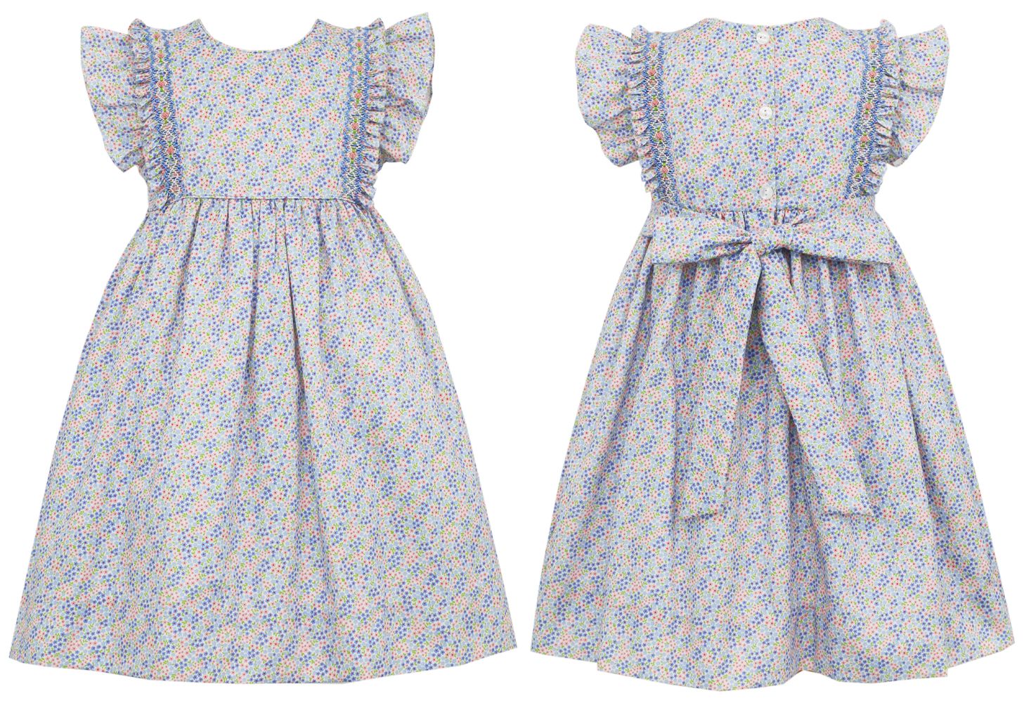 Pink/Blue Floral Smocked Edge Pleated Ruffle Dress